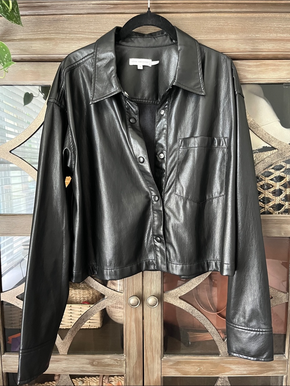 Good American NWOT Black Faux Leather Shirt Jacket